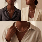 Model with dark skin styling modern split pearl chain necklace office chic.
