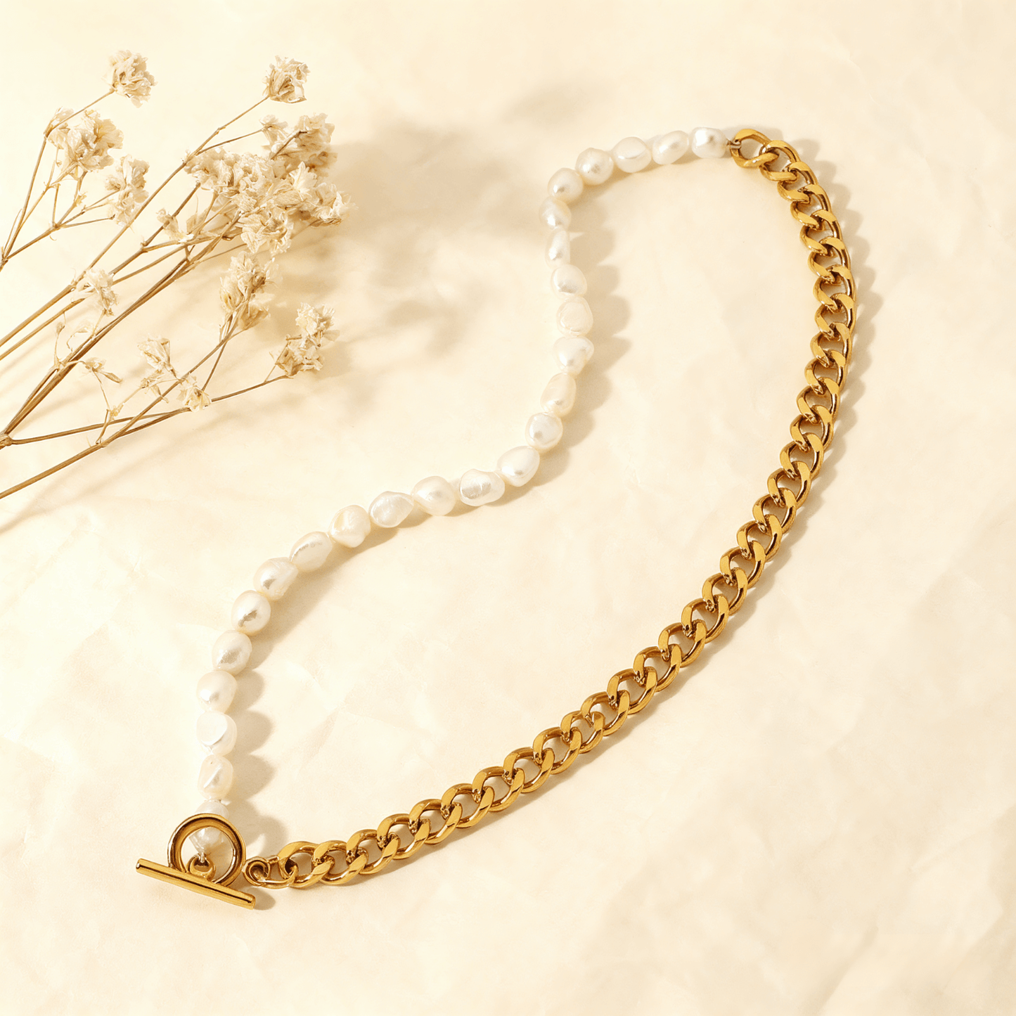 Harmony Pearl Chain Necklace — delicate pearl chain necklace on neutral background, elegant and timeless.