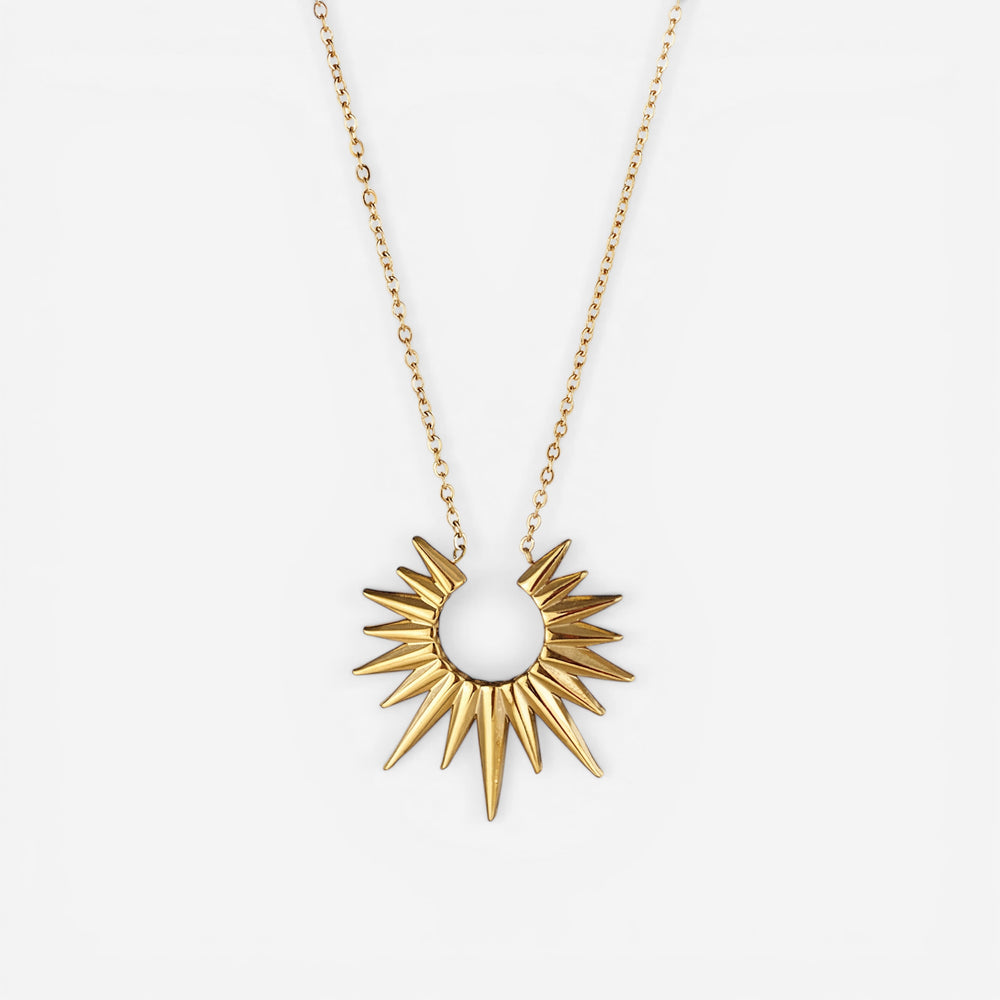 Gold sun ray pendant necklace with delicate chain waterproof stainless steel.