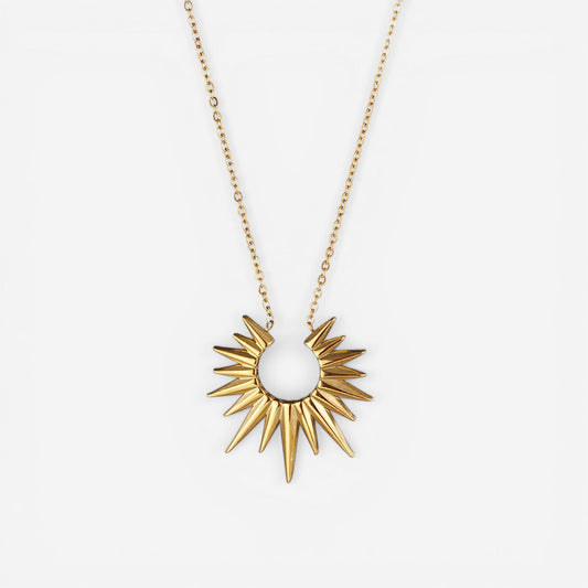 Gold sun ray pendant necklace with delicate chain waterproof stainless steel.