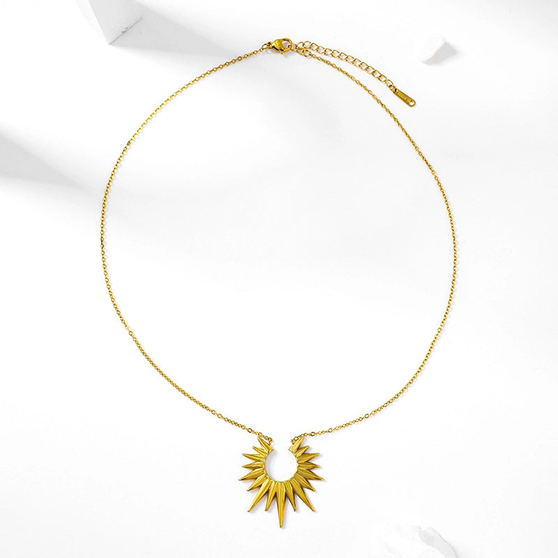 Gold sun ray pendant necklace with delicate chain waterproof stainless steel.