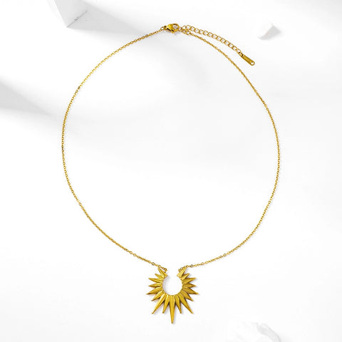 Gold sun ray pendant necklace with delicate chain waterproof stainless steel.