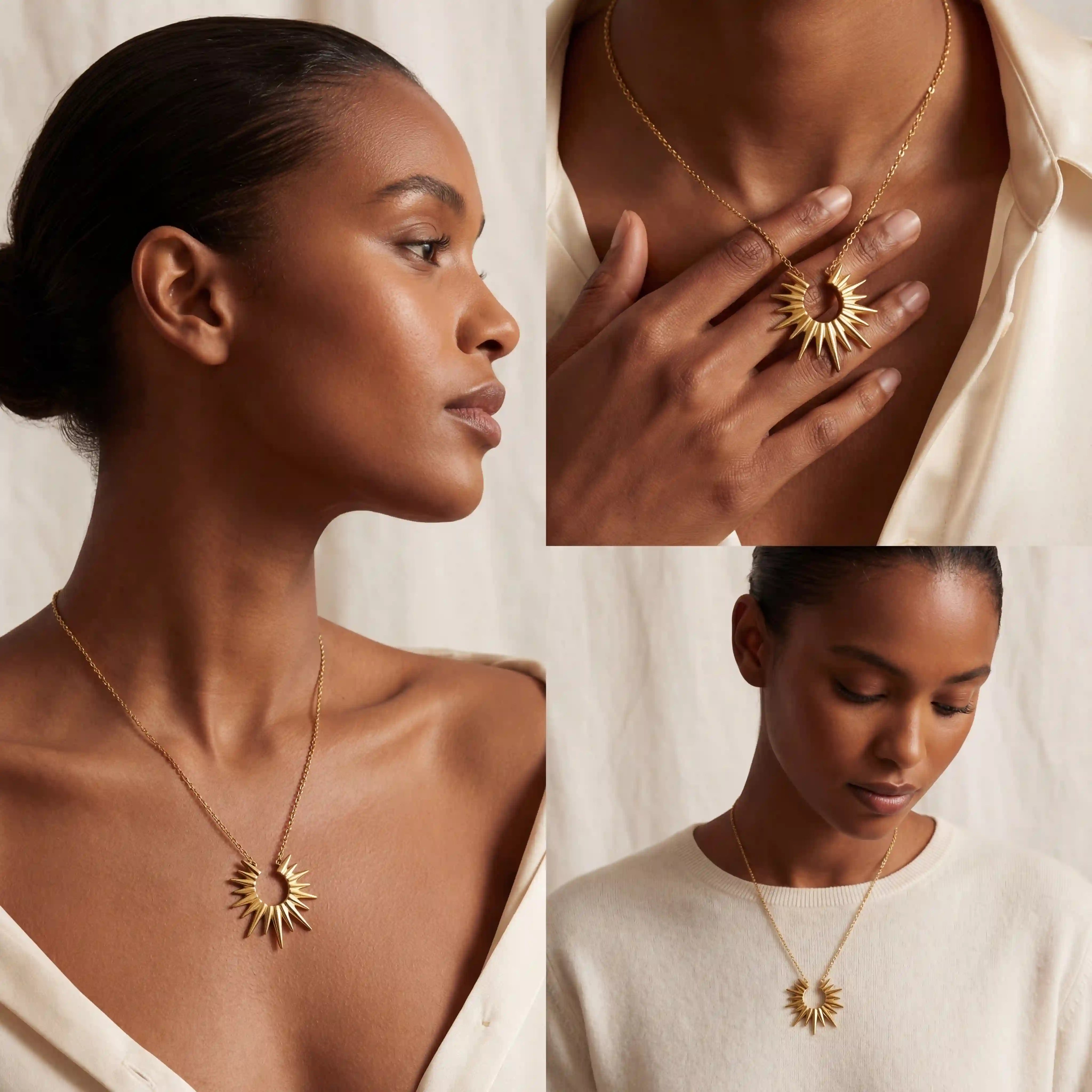 Fashion styling of Helios statement necklace on dark skin model vintage gold vibe.