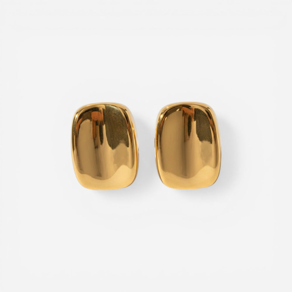Pair of puffy gold rectangle stud earrings waterproof stainless steel jewelry.