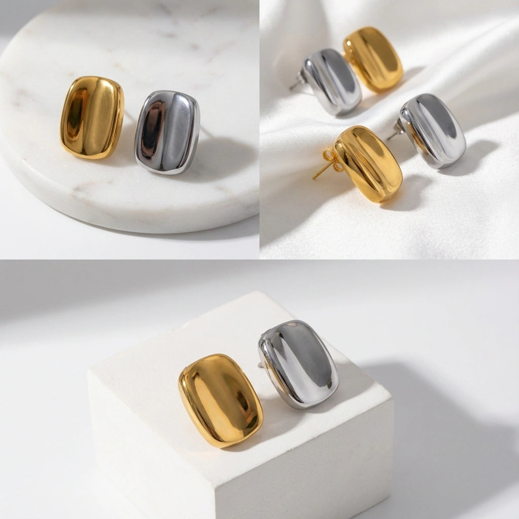 Aesthetic product photography collage of gold and silver chunky stud earrings.