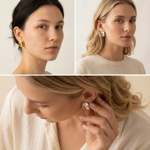 Lifestyle collage of woman wearing bold gold statement studs with white shirt.