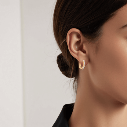 Hexa Halo Moissanite Earrings — halo studs with hexagon frame, moissanite sparkle, geometric elegance.