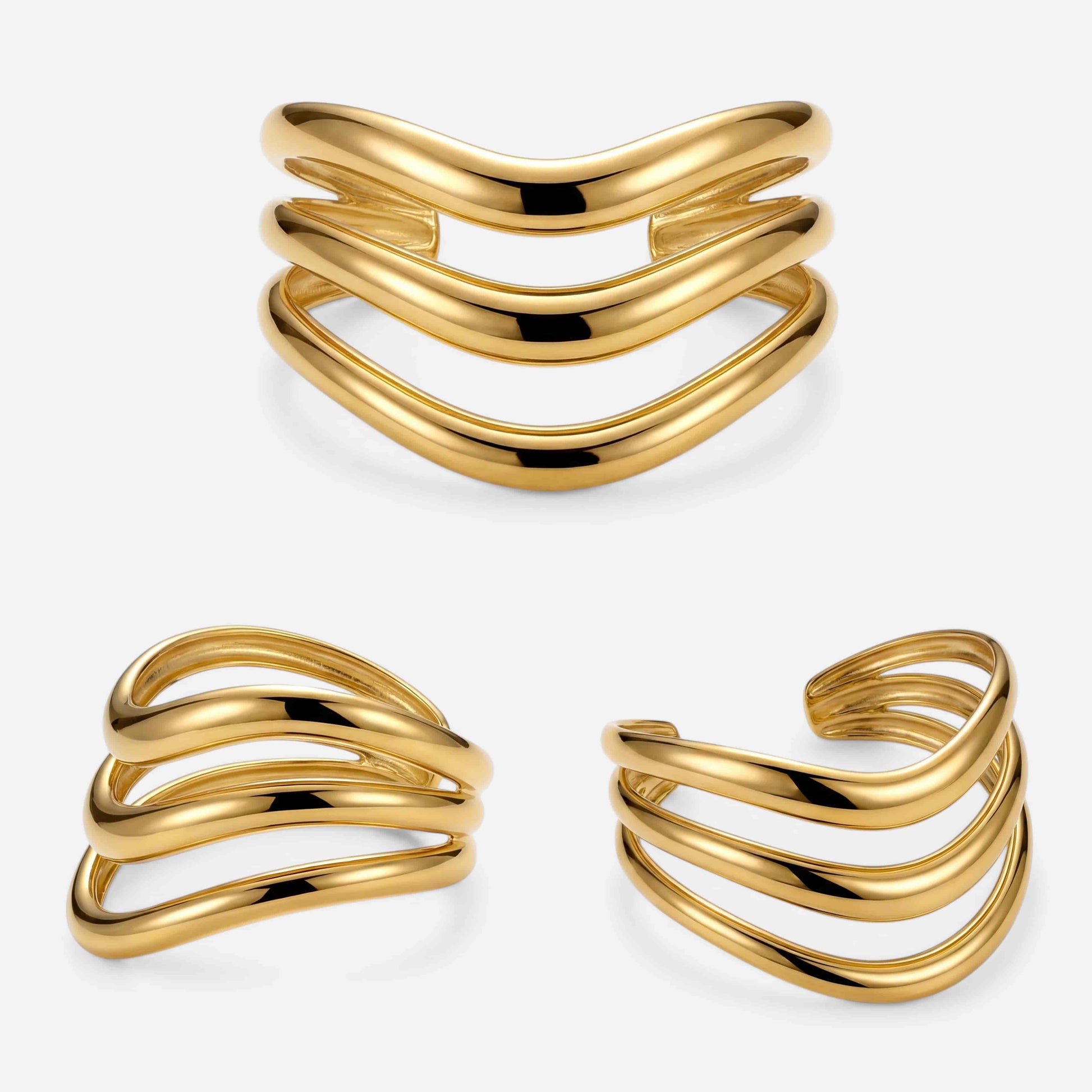 Product photography collage of triple band gold cuff bracelet details.
