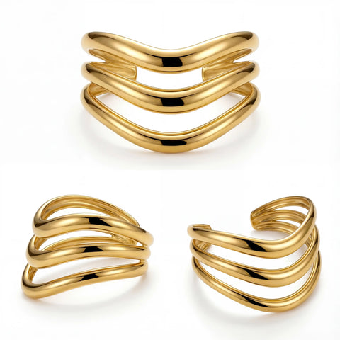 Product photography collage of triple band gold cuff bracelet details.