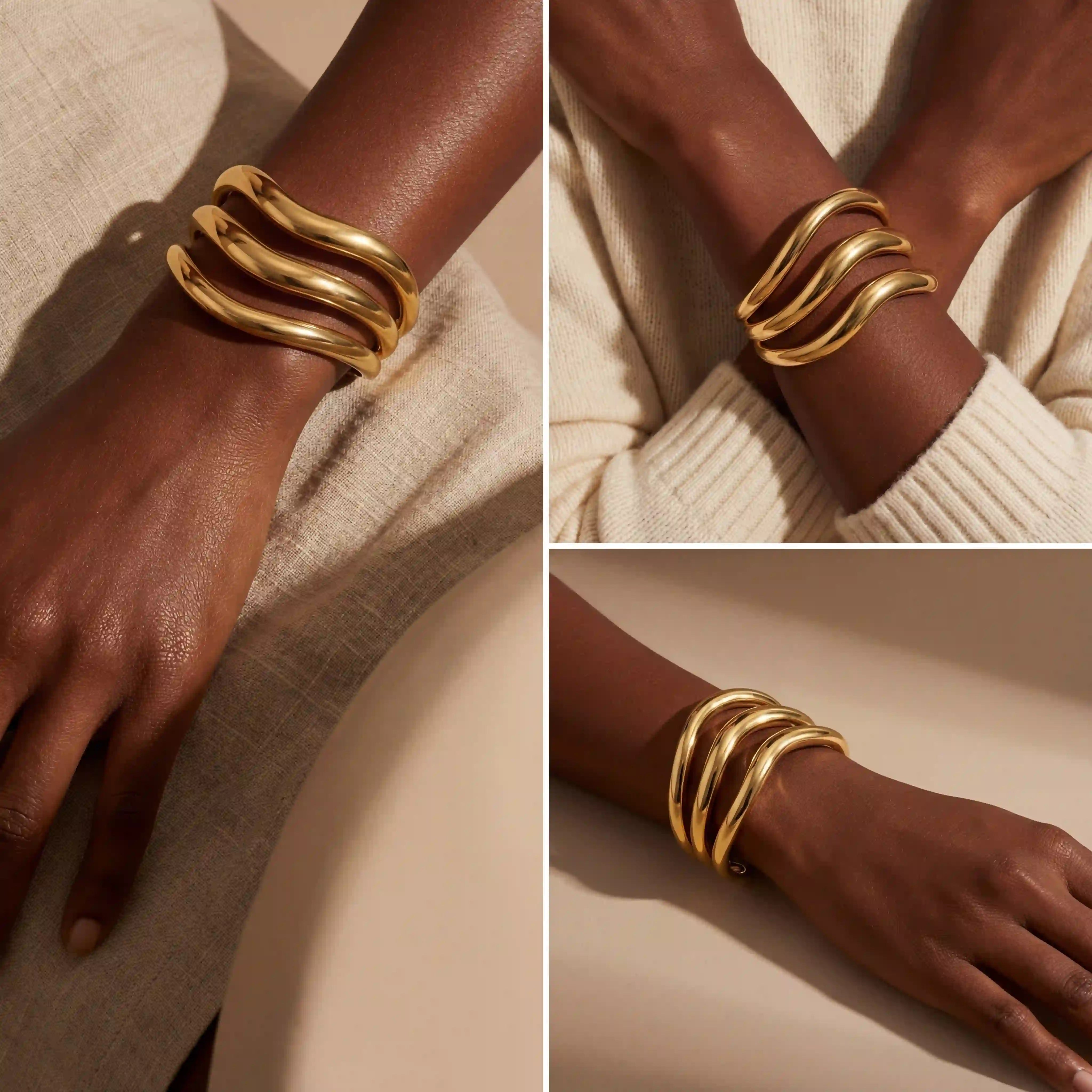 Lifestyle collage of black woman wearing chunky gold wavy bangle.