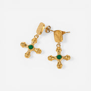 Vintage gold dangle earrings with emerald green gemstone center waterproof jewelry.