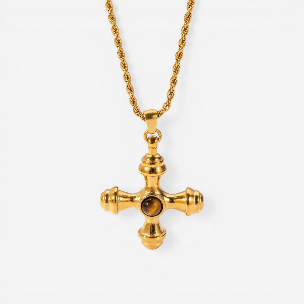 Gold cross pendant necklace with brown gemstone vintage style waterproof jewelry.
