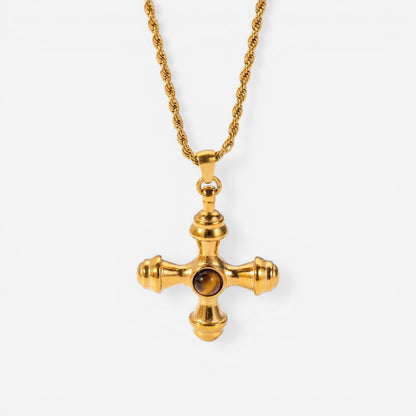 Gold cross pendant necklace with brown gemstone vintage style waterproof jewelry.