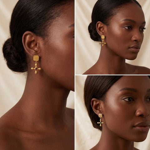 Dark skin model wearing gold Jupiter earrings vintage medieval style.