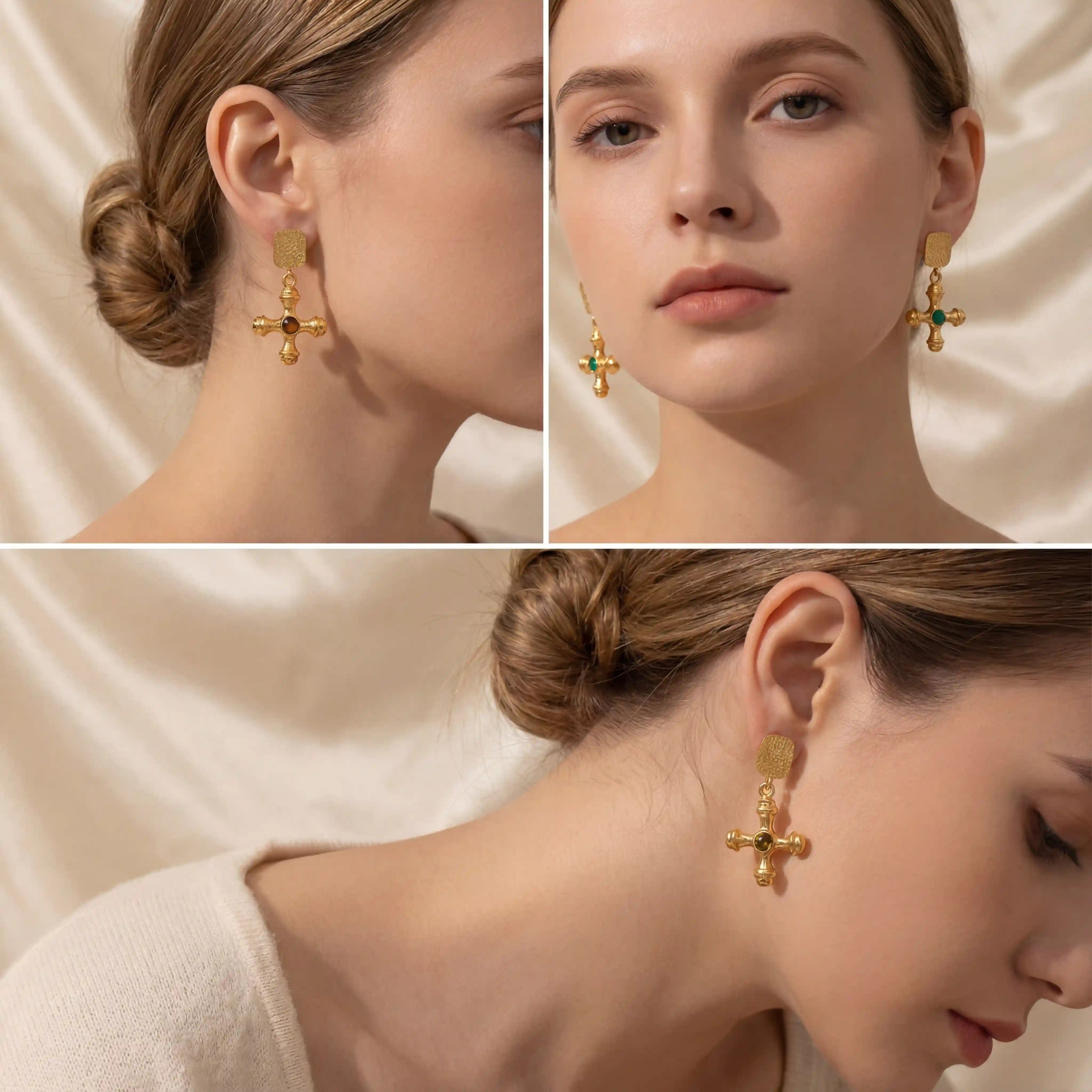 Lifestyle collage of elegant woman styling gold baroque statement earrings.