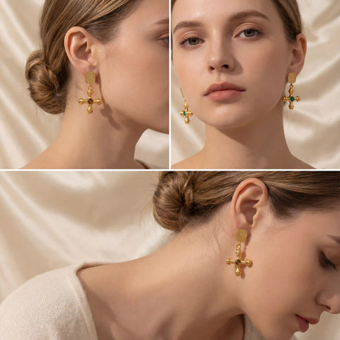 Lifestyle collage of elegant woman styling gold baroque statement earrings.