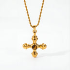 Gold cross pendant necklace with brown gemstone vintage style waterproof jewelry.