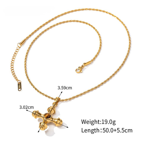 Product specification graphic for The Jupiter Necklace, detailing its chain length, pendant dimensions, weight, and icons for its waterproof and hypoallergenic materials.
