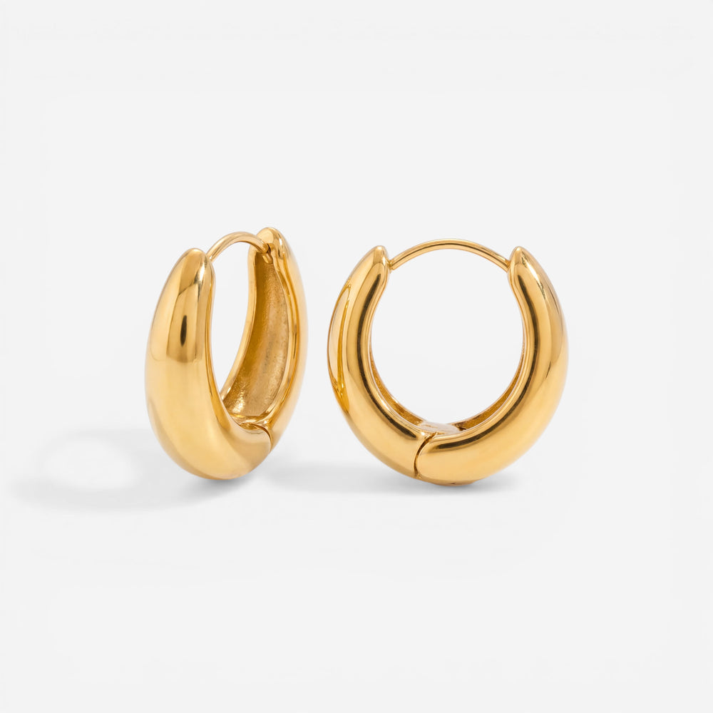 18k gold plated stainless steel teardrop earrings, tarnish-free waterdrop shape hoops, polished gold dome earrings isolated on white.