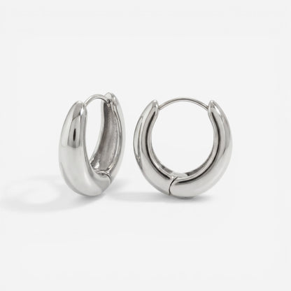 Silver chrome finish teardrop earrings, stainless steel silver chunky hoops, waterproof cool tone jewelry for sensitive ears.