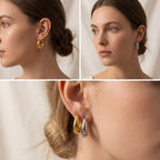 Woman wearing gold and silver teardrop hoop earrings, medium size chunky hoops, clean girl aesthetic everyday jewelry waterproof.