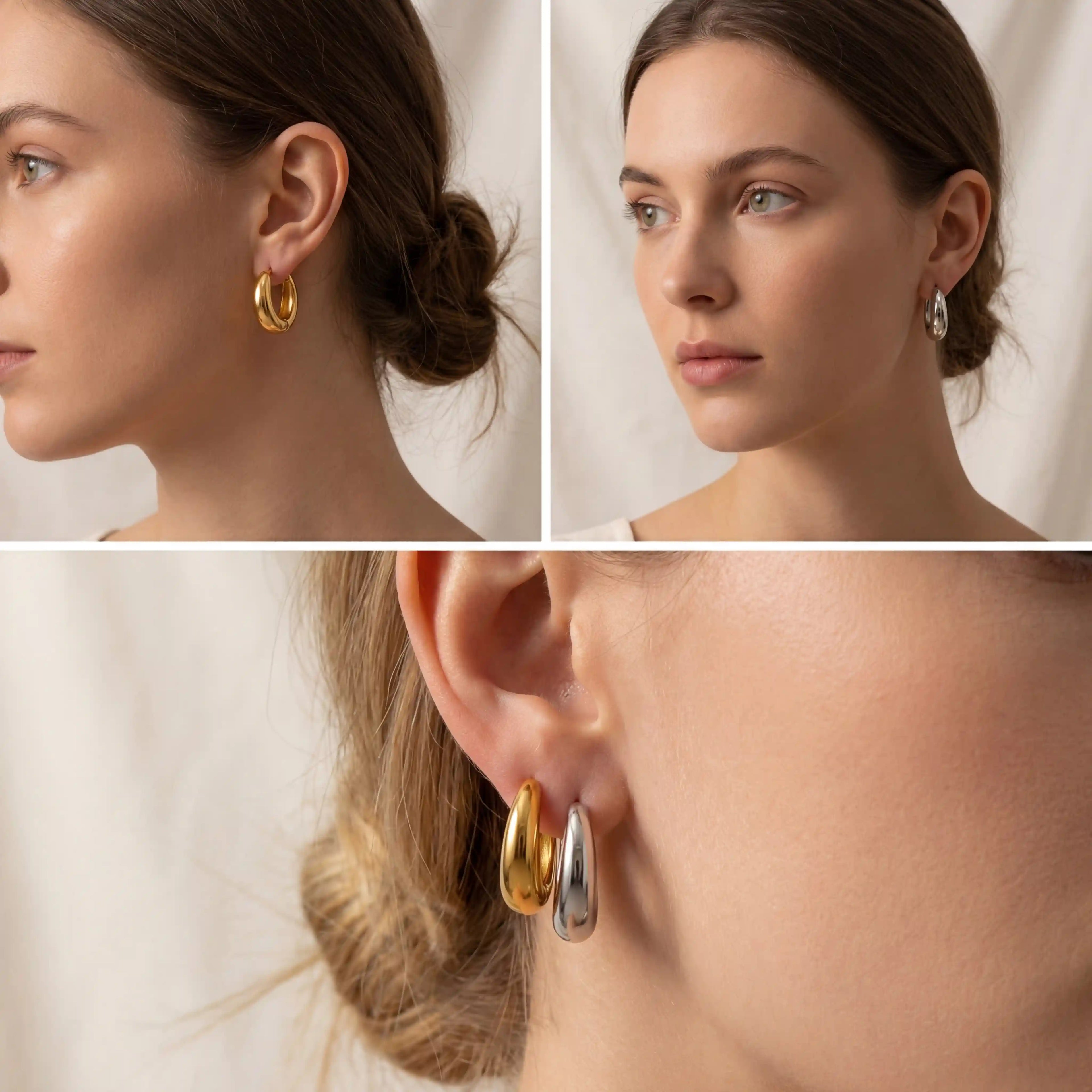 Woman wearing gold and silver teardrop hoop earrings, medium size chunky hoops, clean girl aesthetic everyday jewelry waterproof.
