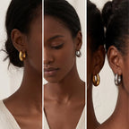 Chunky gold and silver waterdrop earrings on dark skin tone, bold statement hoops that are lightweight and skin-friendly.