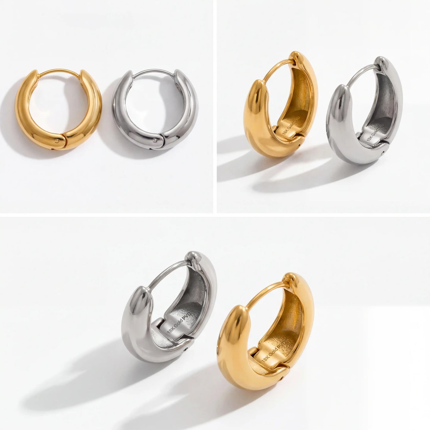 Gold and silver stainless steel teardrop earring collection, anti-tarnish waterproof dupe style hoops, modern minimalist jewelry set.