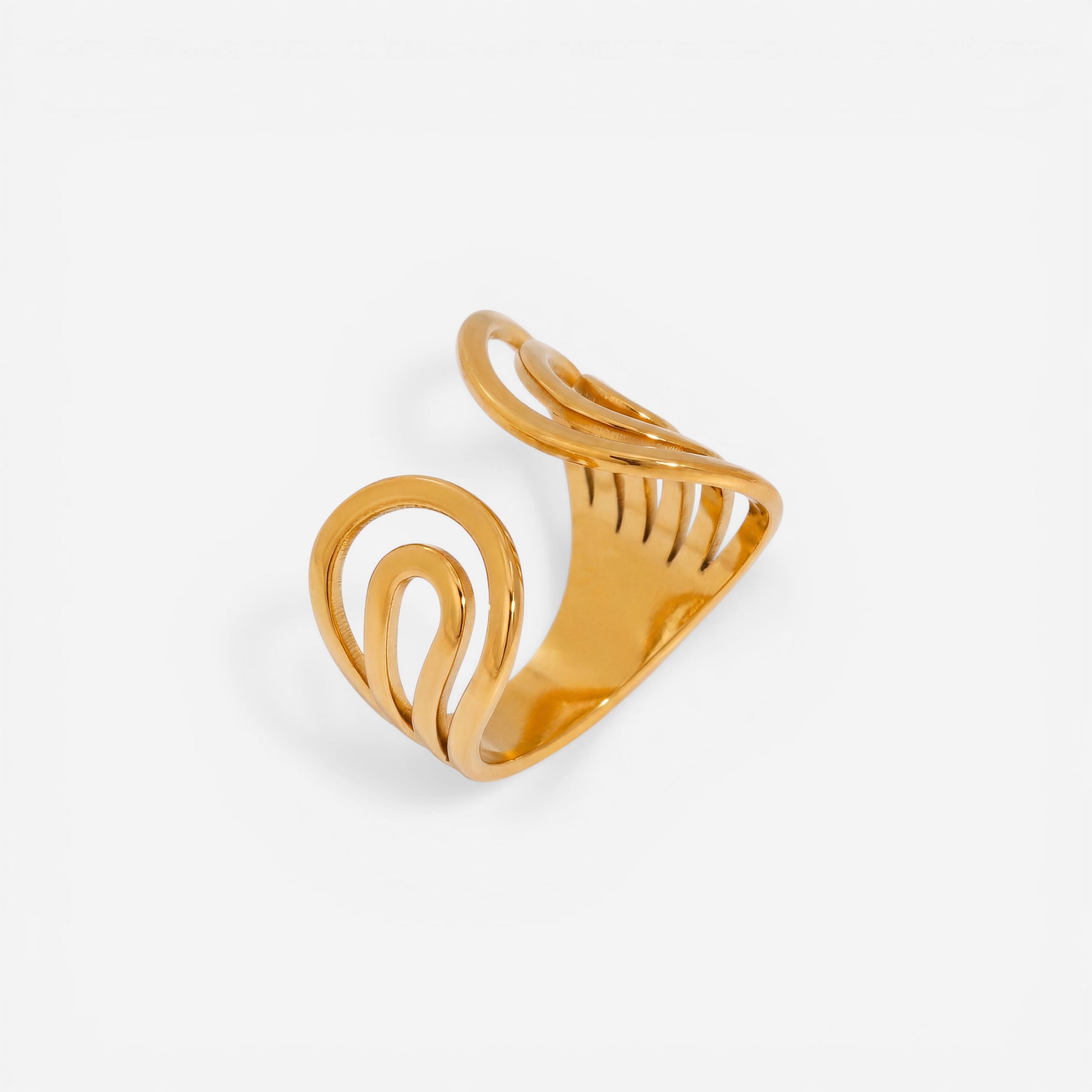 Gold sculptural open ring with fluid multi-band design waterproof stainless steel.