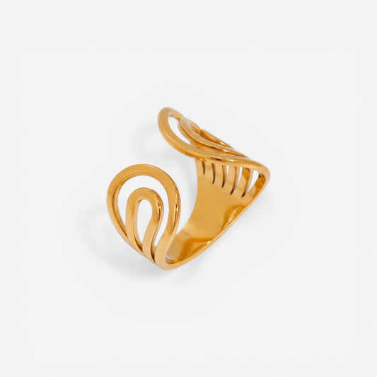Gold sculptural open ring with fluid multi-band design waterproof stainless steel.