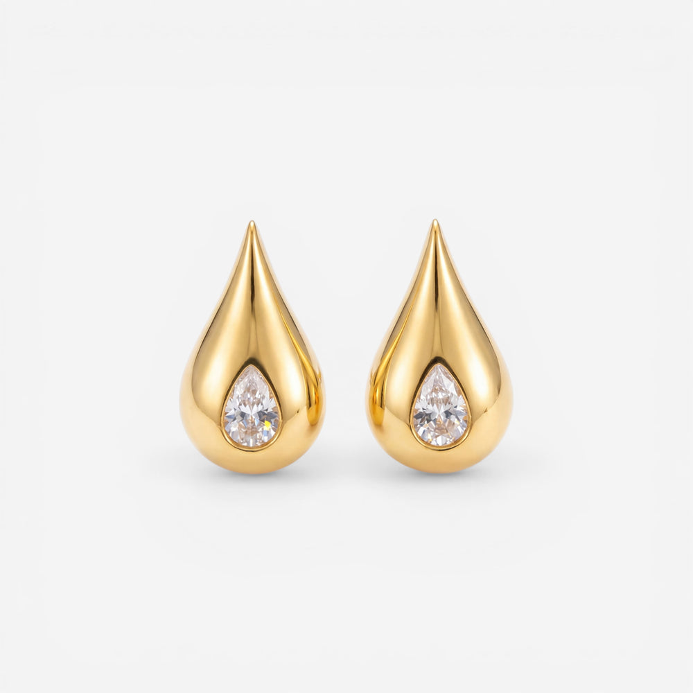 Pair of chunky gold teardrop stud earrings with zircon center waterproof stainless steel.