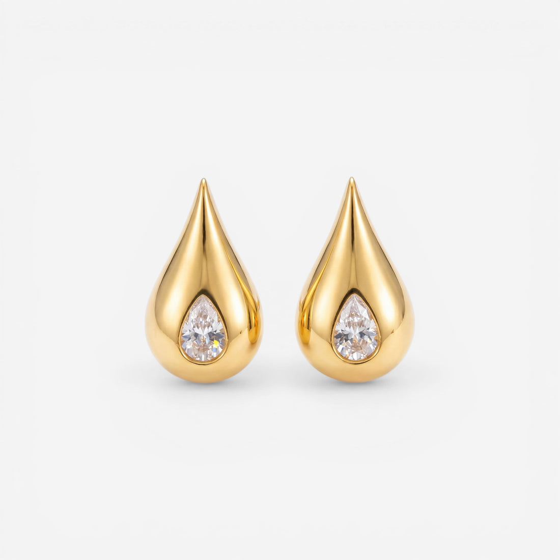 Pair of chunky gold teardrop stud earrings with zircon center waterproof stainless steel.