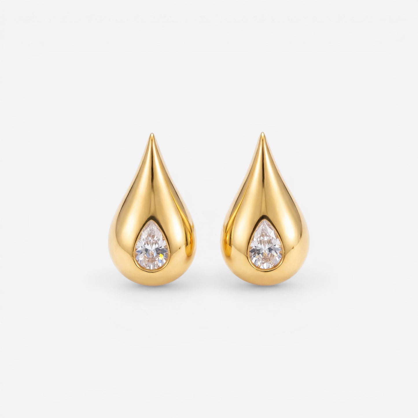 Pair of chunky gold teardrop stud earrings with zircon center waterproof stainless steel.