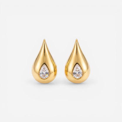 Pair of chunky gold teardrop stud earrings with zircon center waterproof stainless steel.