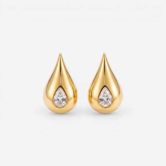 Pair of chunky gold teardrop stud earrings with zircon center waterproof stainless steel.