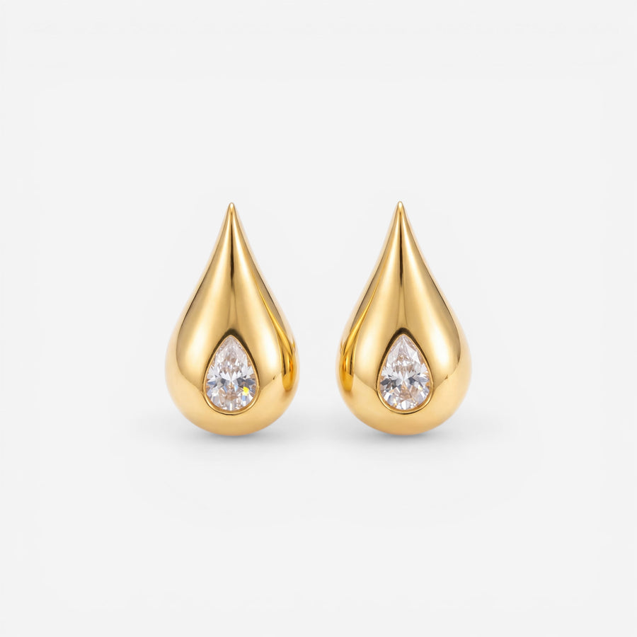 Pair of chunky gold teardrop stud earrings with zircon center waterproof stainless steel.