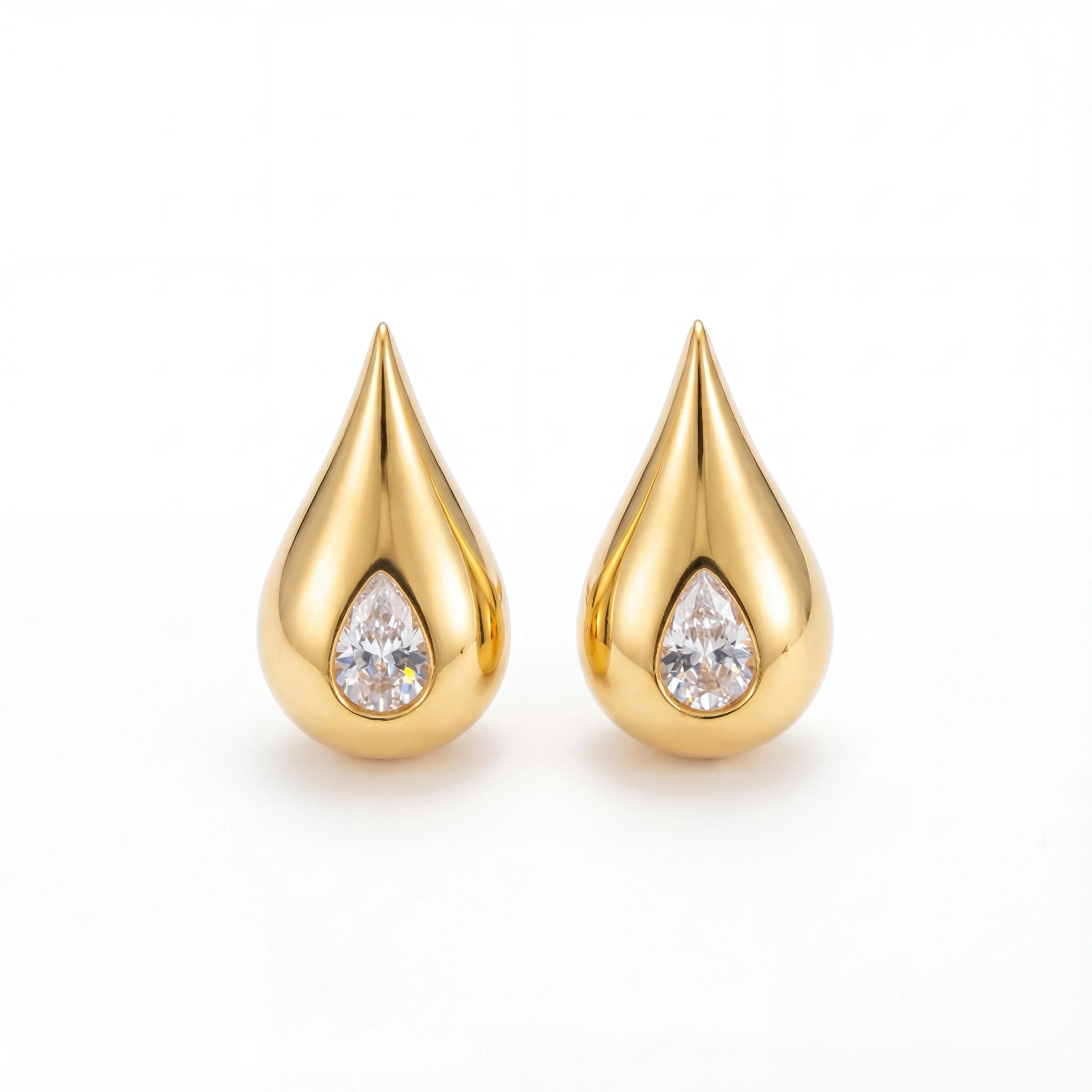 Pair of chunky gold teardrop stud earrings with zircon center waterproof stainless steel.