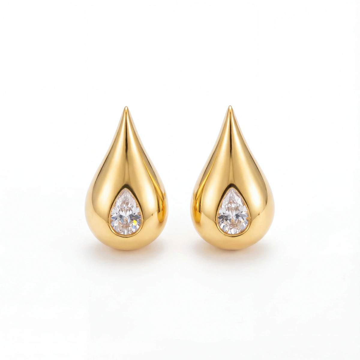 Pair of chunky gold teardrop stud earrings with zircon center waterproof stainless steel.