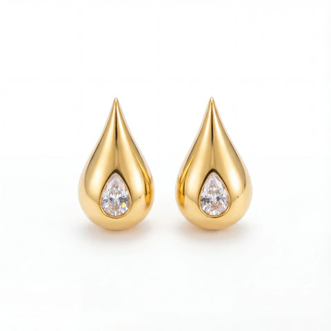Pair of chunky gold teardrop stud earrings with zircon center waterproof stainless steel.