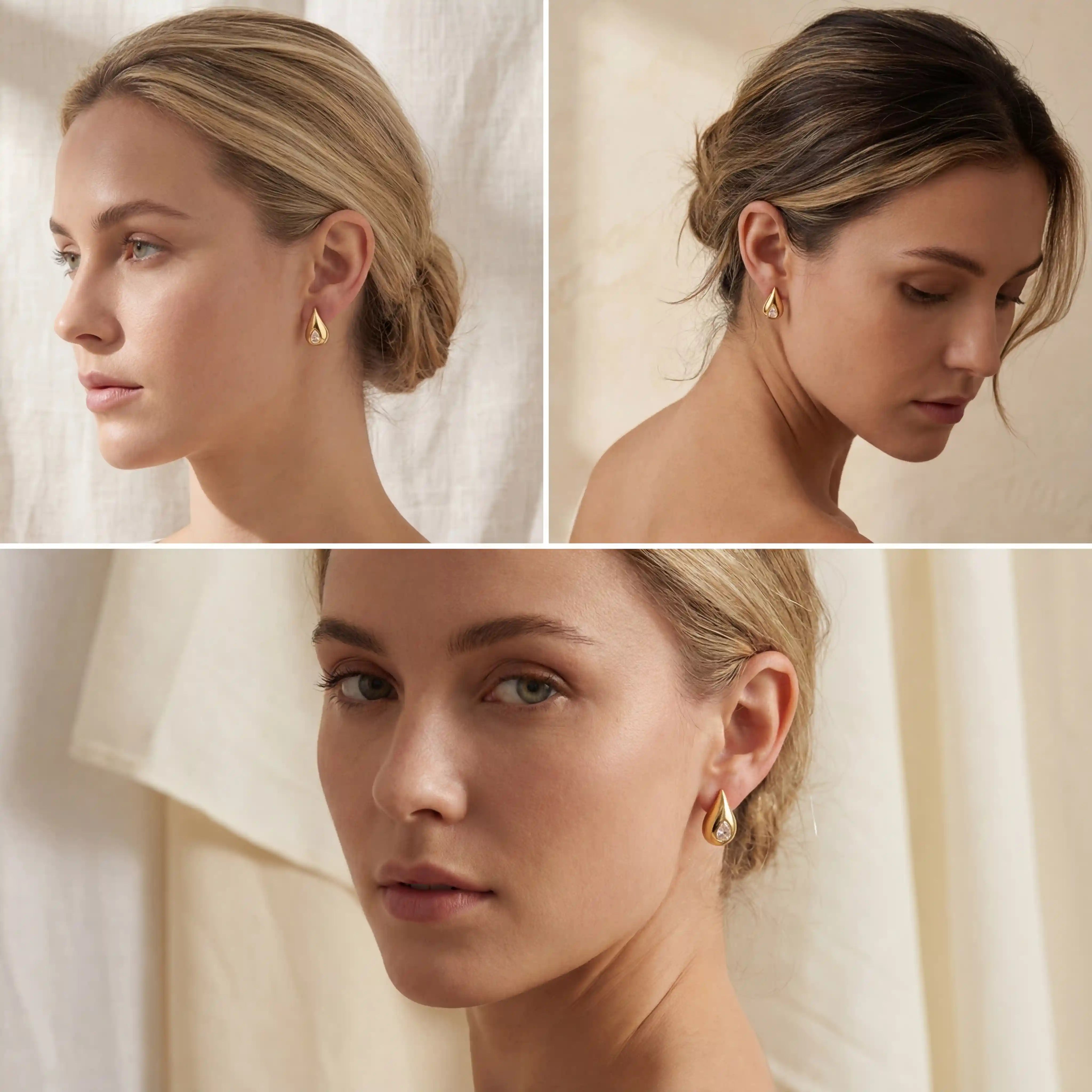 Lifestyle collage of blonde model wearing Lucina gold statement studs minimalist look.
