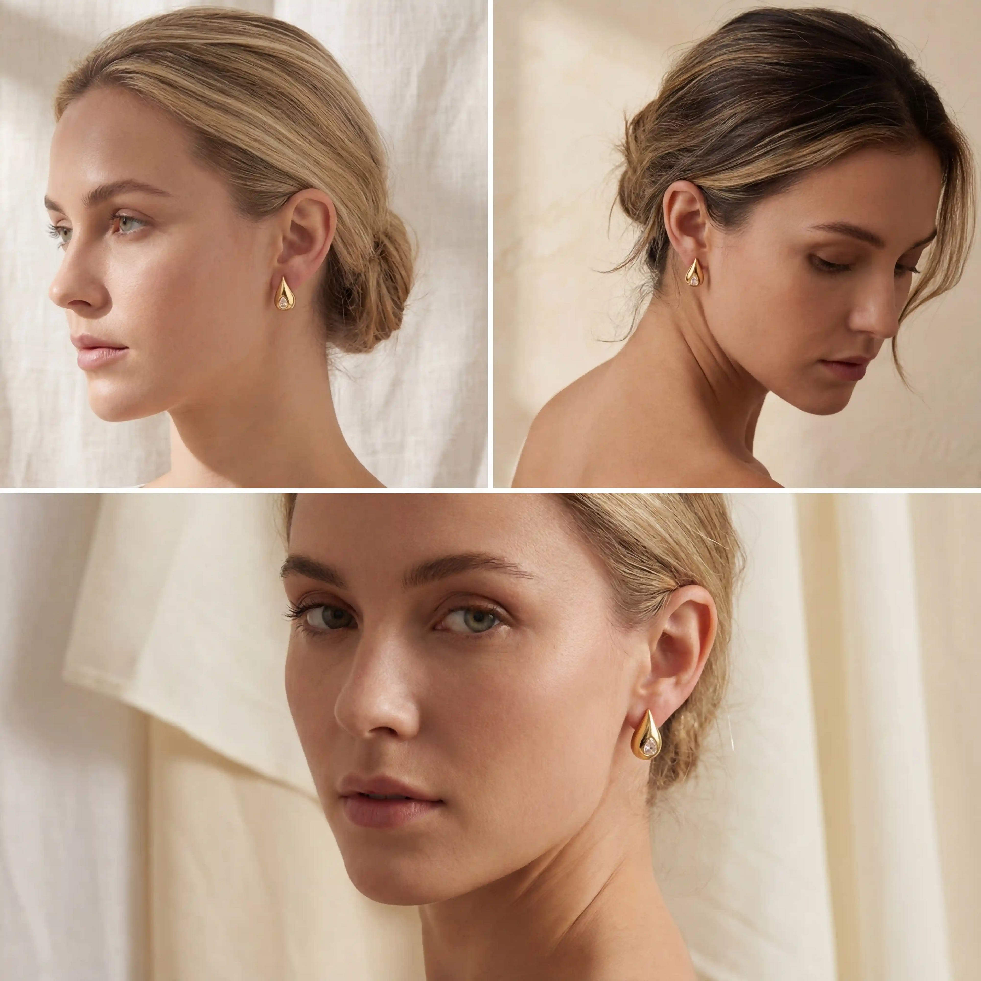 Lifestyle collage of blonde model wearing Lucina gold statement studs minimalist look.