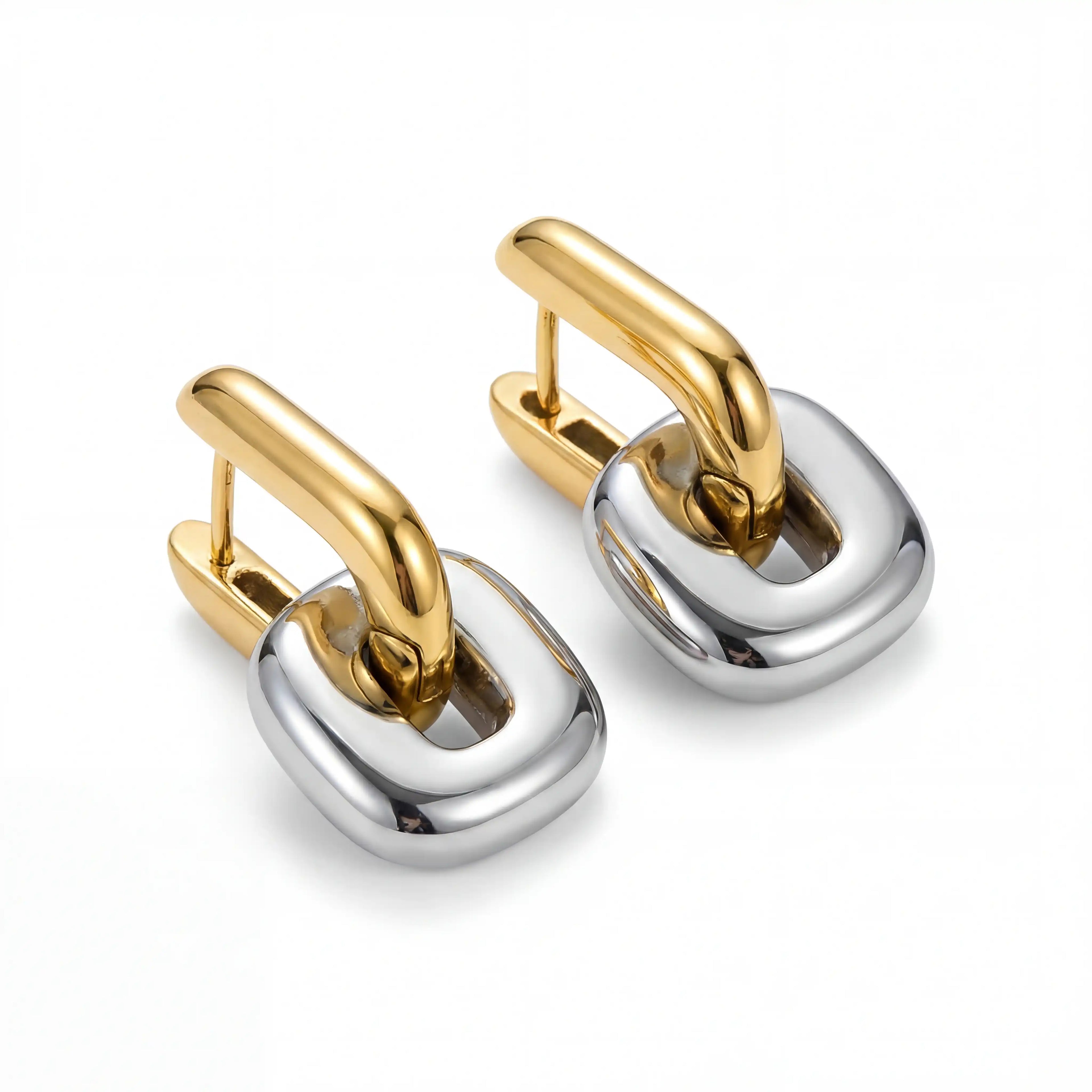 Mixed metal two-tone gold and silver square link drop earrings waterproof jewelry.
