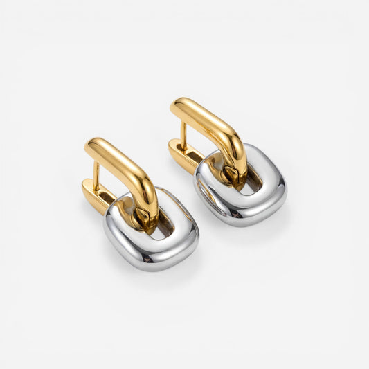 Mixed metal two-tone gold and silver square link drop earrings waterproof jewelry.