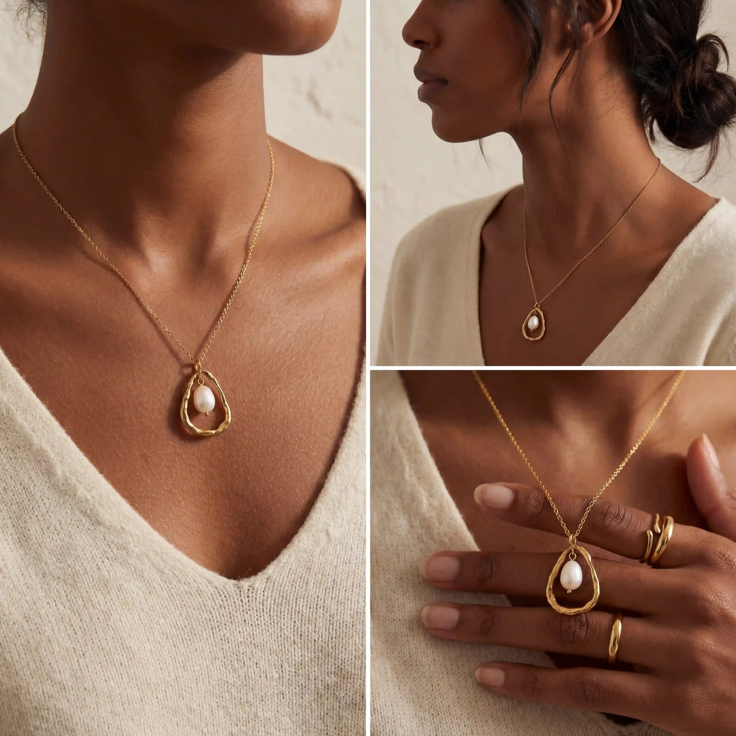 Model with dark skin wearing gold Luna pearl necklace minimalist everyday jewelry.