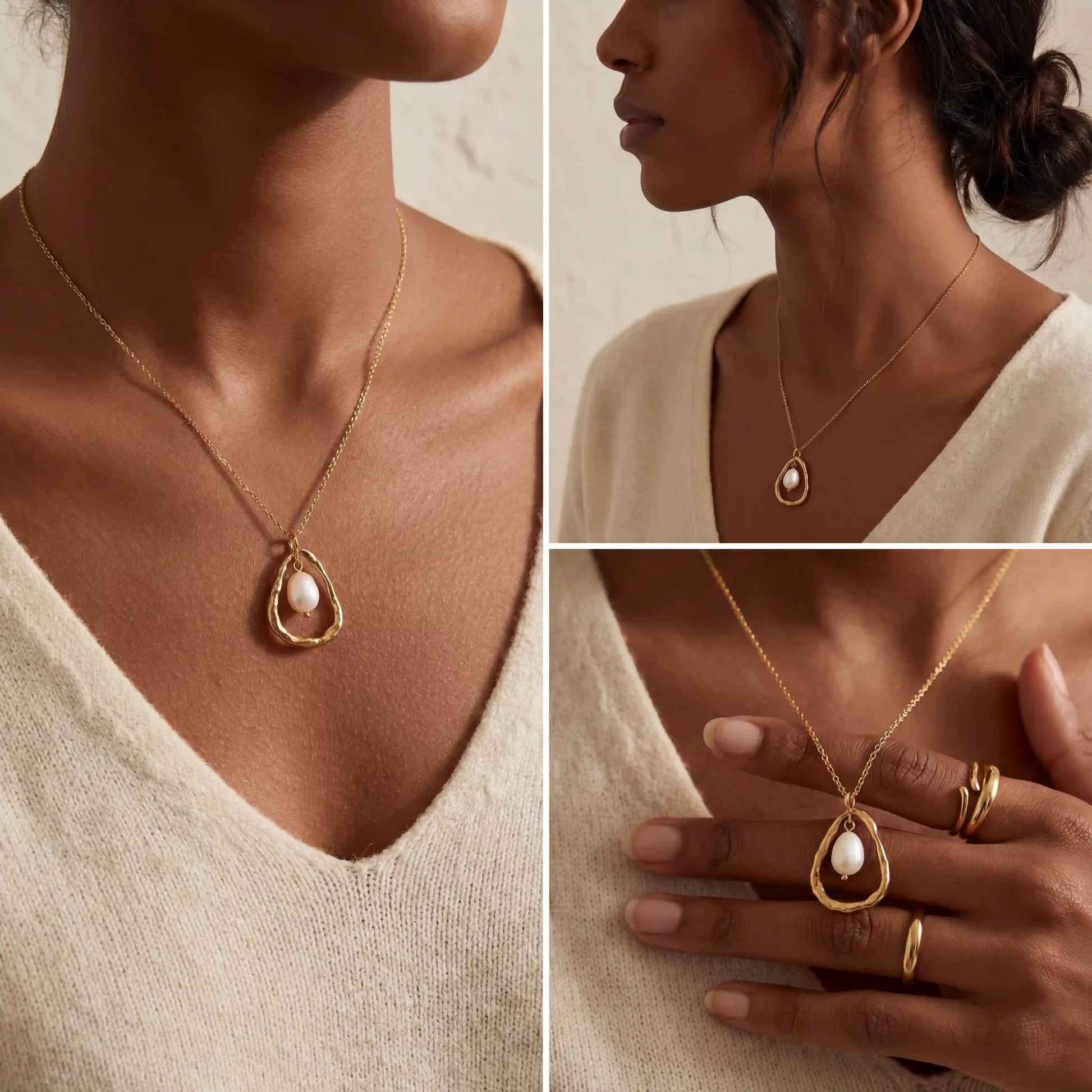 Model with dark skin wearing gold Luna pearl necklace minimalist everyday jewelry.