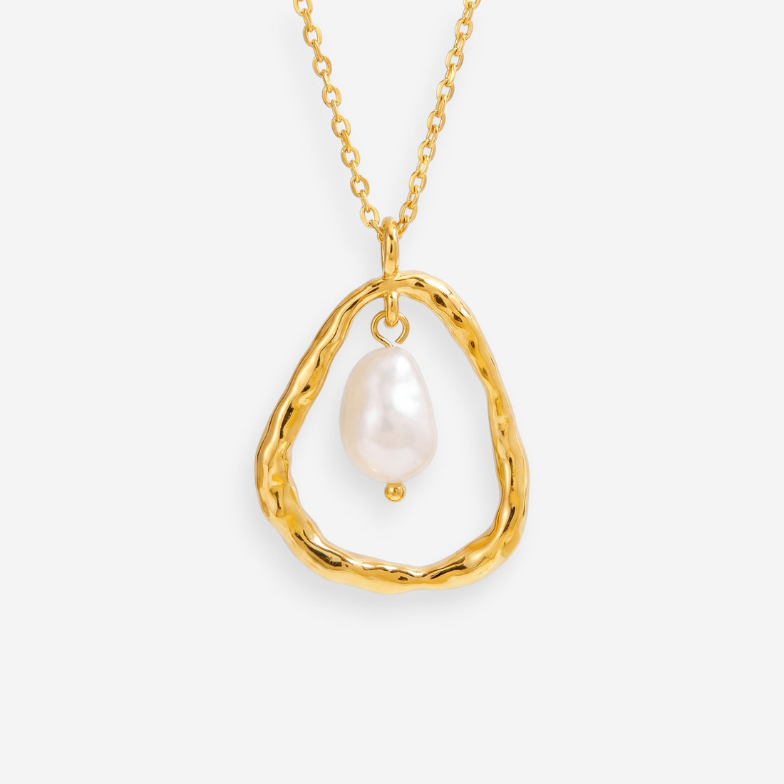 Gold organic circle pendant necklace with single pearl drop waterproof stainless steel.