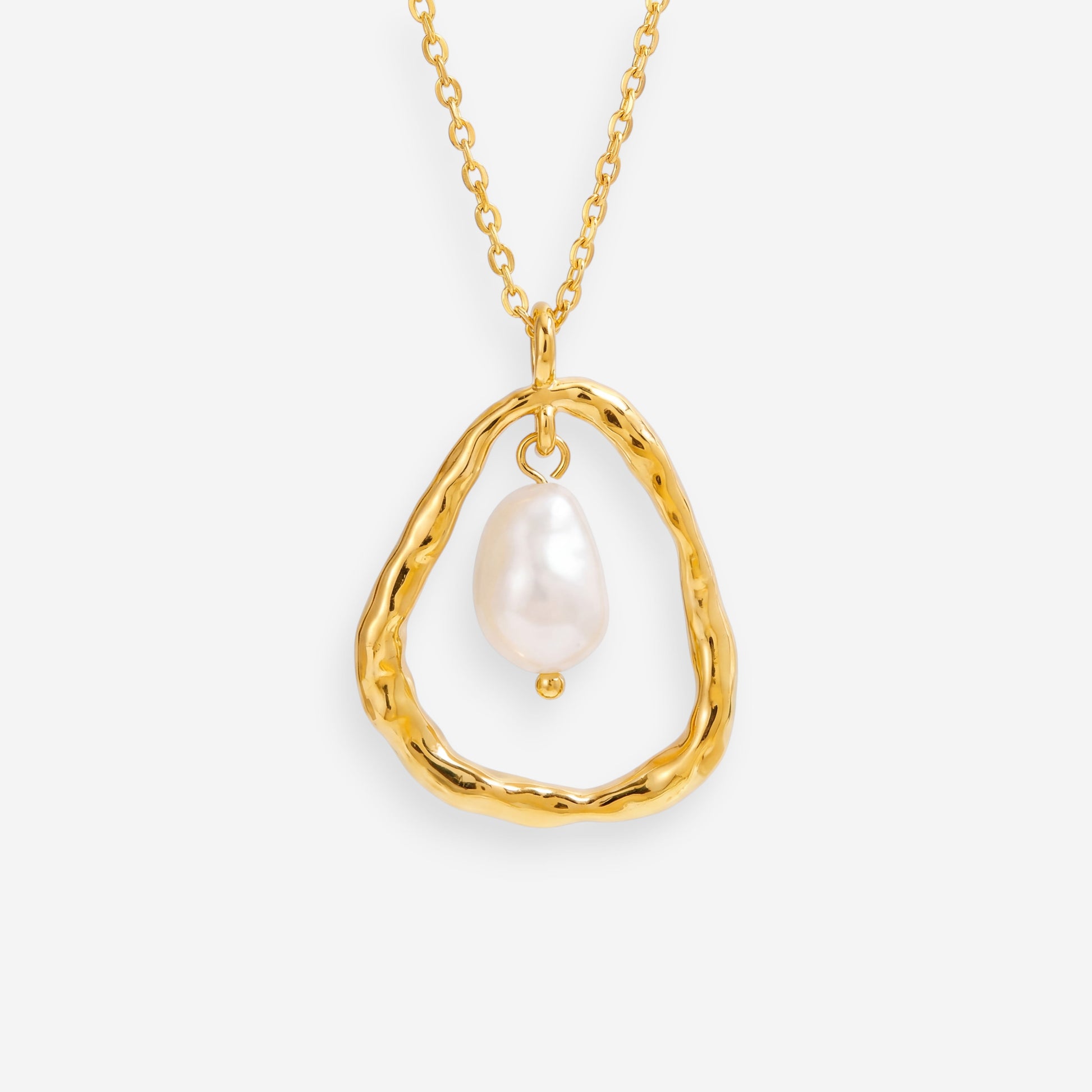 Gold organic circle pendant necklace with single pearl drop waterproof stainless steel.