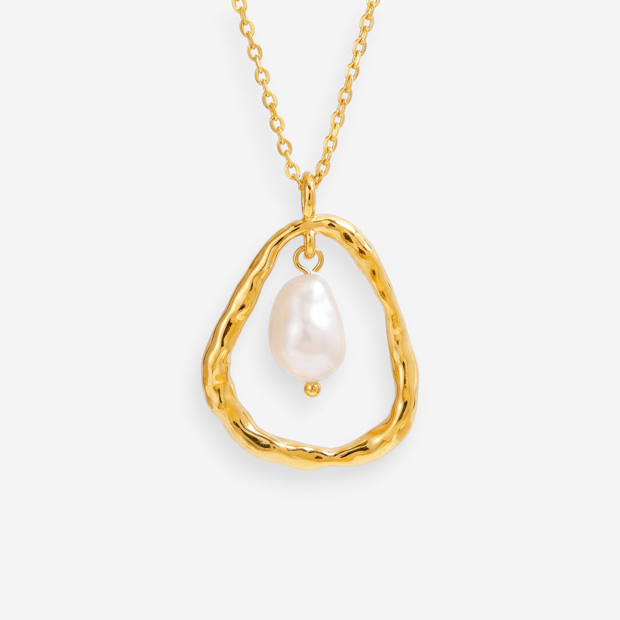 Gold organic circle pendant necklace with single pearl drop waterproof stainless steel.