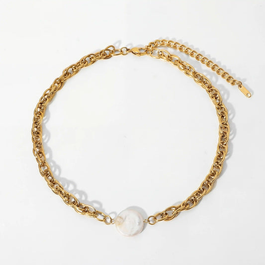 Gold chunky rope chain necklace with single flat coin pearl waterproof stainless steel.