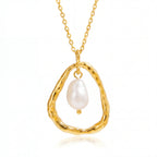 Gold organic circle pendant necklace with single pearl drop waterproof stainless steel.